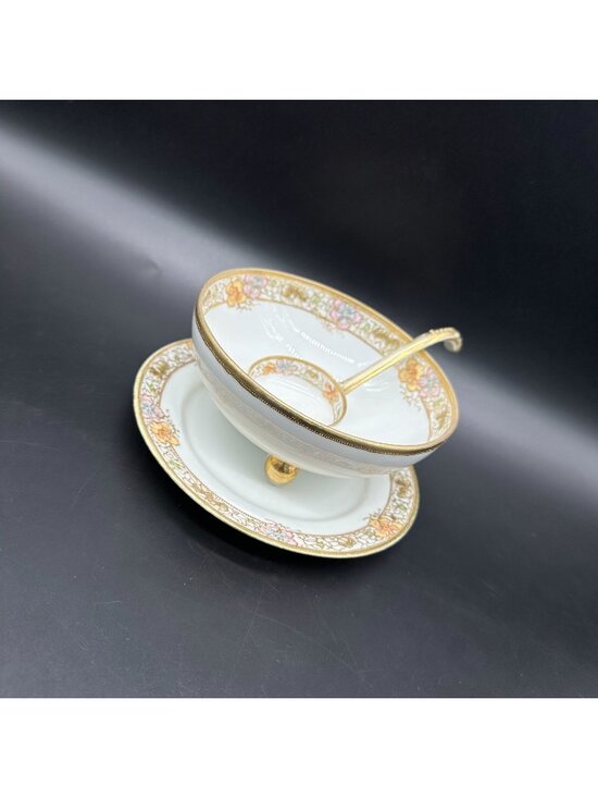 RC Nippon Other - Antique Nippon Hand Painted Floral Moriage Gold Footed Dish Set Ladle Plate